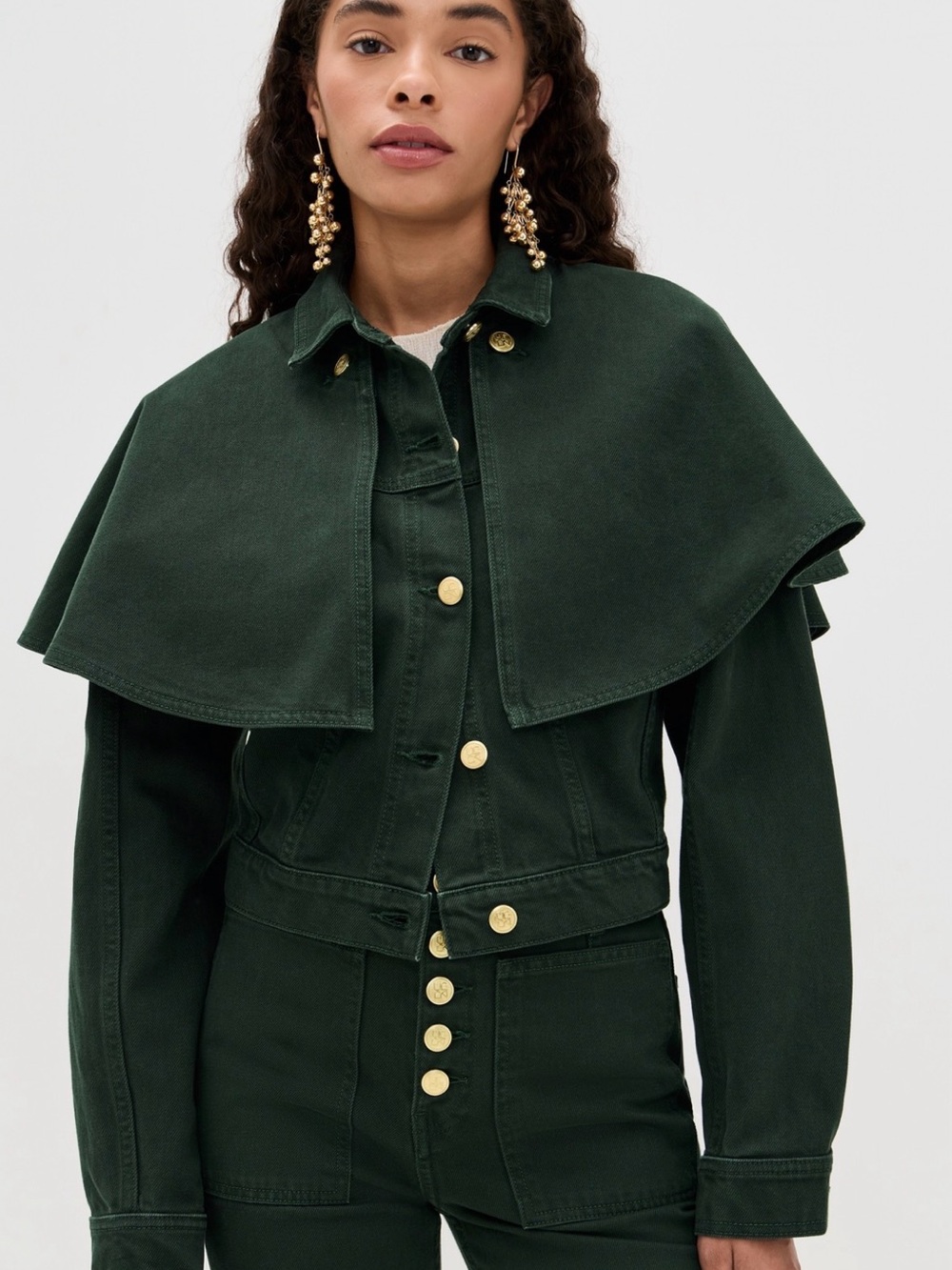 Ulla Johnson Dark Forest Green Cape-Overlay Jean Jacket